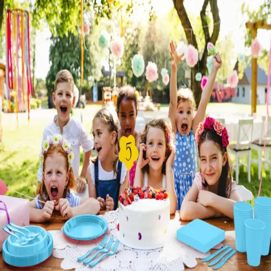 Exquisite 350 Pcs Plastic Plates for Party &ndash; Disposable Plates Set &ndash; 50 Each of 9" Dinner Plates, 7" Dessert Plates, Plastic Cups, Napkins & Plastic Cutlery &ndash; Plastic Dinnerware by Party Solids Light Blue {6}