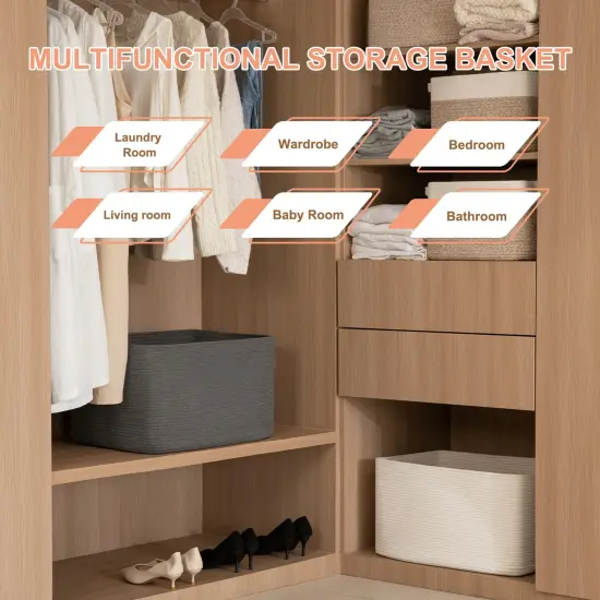 Large Blanket Basket,Storage Basket with Handle, Blanket Basket for Living Room, Rectangle Woven Cotton Rope Basket for Bedroom, Toy Baskets Organizer Bins, 22" x 17" x 12" in, Dark Grey {3}