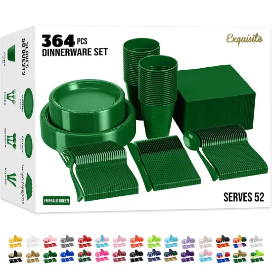 Exquisite 350 Pcs Plastic Plates for Party &ndash; Disposable Plates Set &ndash; 50 Each of 9" Dinner Plates, 7" Dessert Plates, Plastic Cups, Napkins & Plastic Cutlery &ndash; Plastic Dinnerware by Party Solids Emerald Green {1}