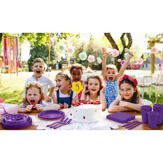 Exquisite 350 Pcs Plastic Plates for Party &ndash; Disposable Plates Set &ndash; 50 Each of 9" Dinner Plates, 7" Dessert Plates, Plastic Cups, Napkins & Plastic Cutlery &ndash; Plastic Dinnerware by Party Solids Purple {6}