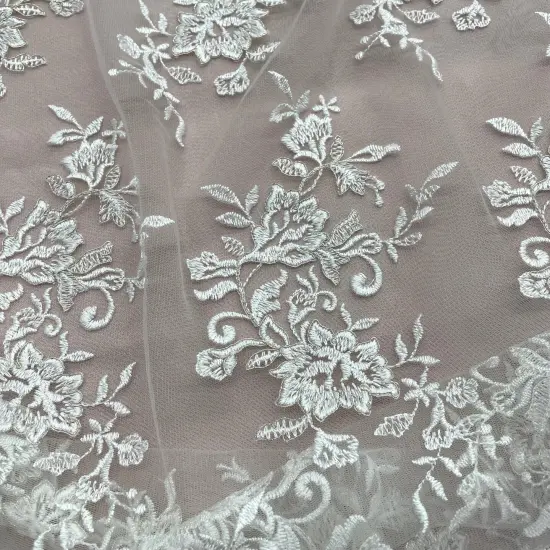 1 Yard Corded Bridal Lace Fabric Embroidered Net Mesh Sage Pink 53" Width Ivory with Silver {1}