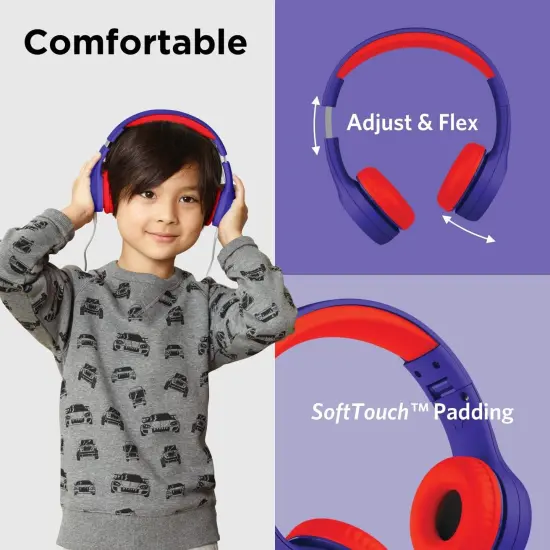 LilGadgets Connect+ Style On-Ear Kids Headphones with Microphone - SharePort Technology, SoftTouch Padding, Detachable Cable, Noise Reduction, Durable & Adjustable - Blue/Red Multicolor {2}