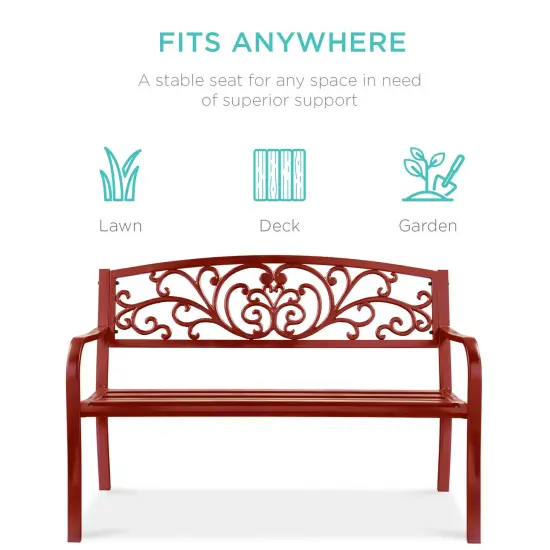 Best Choice Products Outdoor Steel Bench Garden Patio Porch Furniture w/ Floral Design Backrest Rust {3}