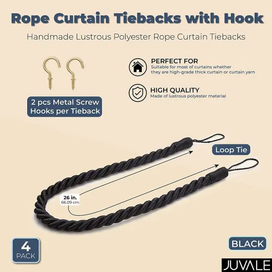 4-Pack Black Cotton Window Curtain Tiebacks Tie Back with 8 Hooks, 26" Holdbacks Rope for Drapes {2}