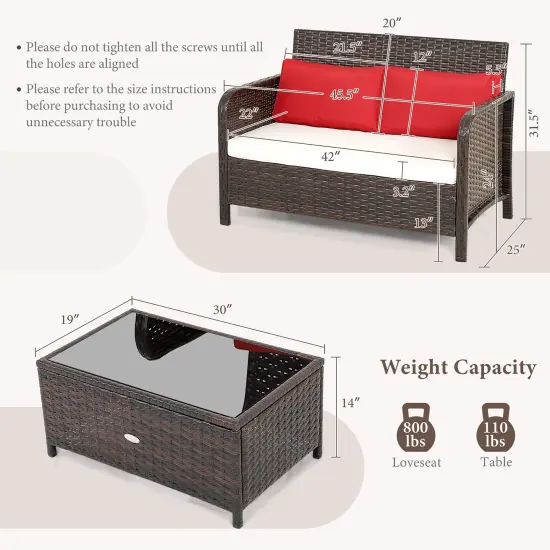 Costway 2PCS Patio Rattan Wicker Love-seat Coffee Table SetCushioned Bench Garden Deck {3}