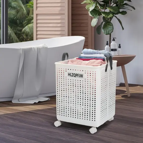 Collapsible laundry hamper, laundry hamper with wheels, laundry hamper with wheels, dorm laundry hamper, laundry basket plastic，35, 50, 60 liter large capacity (White, Extra large) {5}