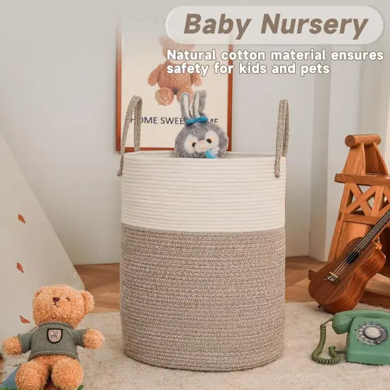 Large Woven Laundry Basket Hamper,60L Cotton Rope Storage Bin for Blankets,Toys and Clothes,Decorative Tall Nursery Hamper {2}