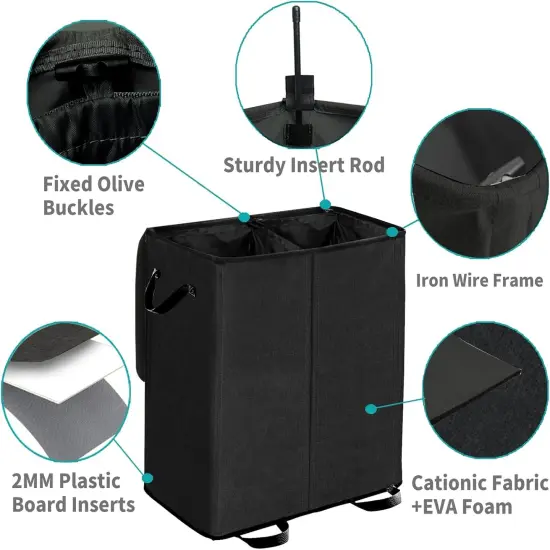 Double Laundry Hamper with Lid and Removable Bags, Laundry Basket 2 Section, Double Hampers for Laundry, Large Divided Hamper, Dual Laundry Hamper 2 Section with Handles Dorm 158L Black {2}