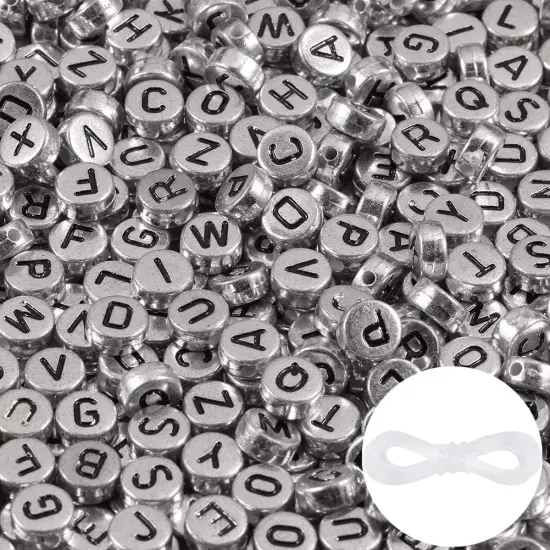 1000pcs Silver Letter Beads for Bracelets, 4x7mm Black Alphabet A-Z Beads Friendship Bracelets Jewelry Making Kit for Teen Girl Gifts {1}