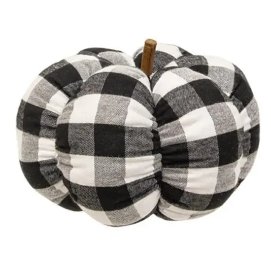 Buffalo Check Stuffed Pumpkin in Black and White with Natural Wood Stem Seasonal Accent Fall Home Decor {1}