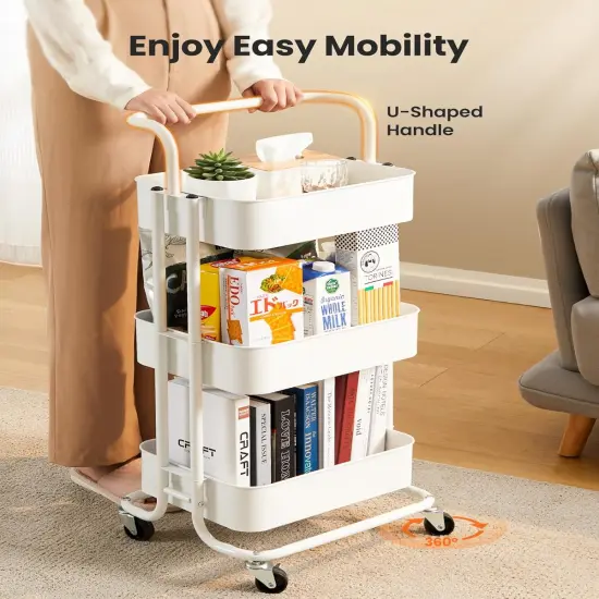 3 Tier Mesh Utility Cart, Rolling Metal Organization Cart with Handle and Lockable Wheels {3}