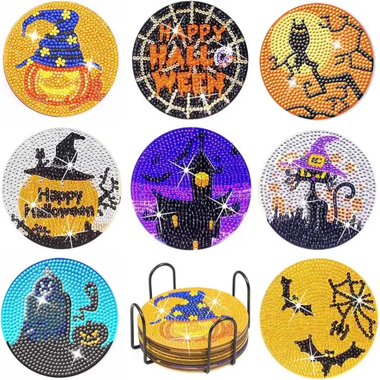 8 PCS Halloween Diamond Art Coasters, DIY Horror Diamond Painting Coasters {1}