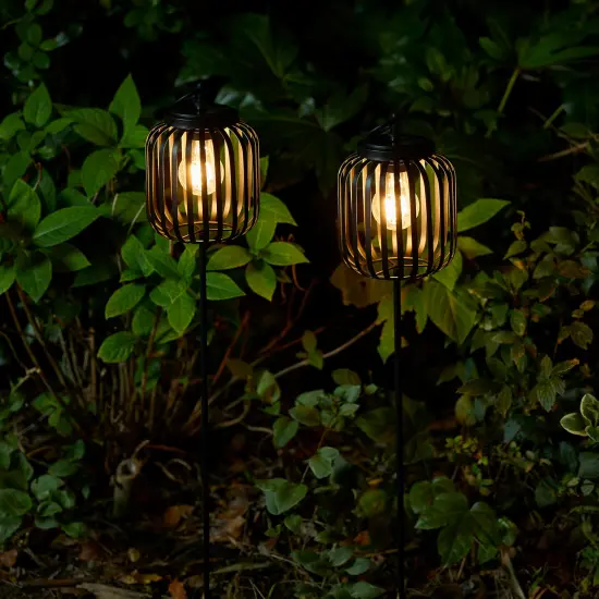 Set of 2 33"H Black Metal Stripes Solar Powered Outdoor Lantern with Edison Bulb and Stake {1}