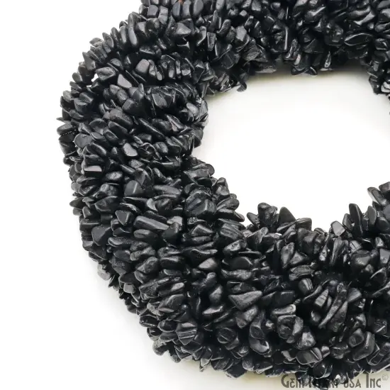 Black Tourmaline Chip Beads, 34 Inch, Natural Chip Strands, Drilled Strung Nugget Beads, 3-7mm, Polished, GemmartUSA (CHKT-70001) {2}