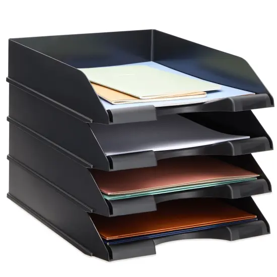4 Pack Black Stackable Paper Trays for Letter Documents, Desktop File Organizers for Office Supplies, Stackable Desk Tray Holder for Paper Storage (10 x 13.45 x 2.5 In) {1}