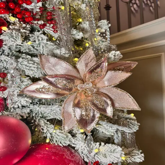 Elegant Rose Gold Poinsettia with Crystals and Glitter 12'' Set of 2 {2}