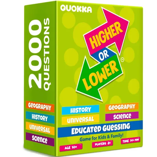 QUOKKA Trivia Board Games for Kids and Adults - Family Night Board Game Cards 4xSet Higher or Lower | Guess Fun Questions | Easy to Learn | 2 + Players - Challenge History, Science, Geography & More {1}
