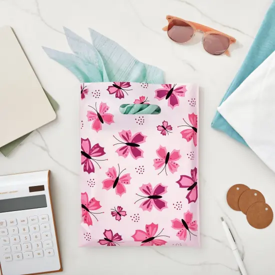 100 Pack 9 x 12 In Small Merchandise Bags with Handles for Boutique, Cute Butterfly Shopping Bags for Retail Business (Pink) {3}