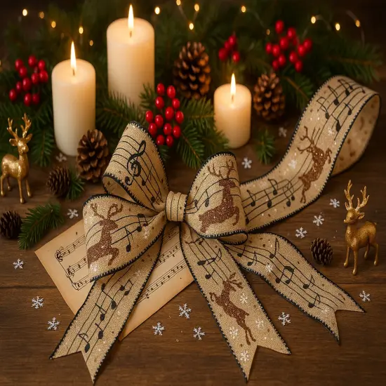 Designer&rsquo;s Shop Christmas Musical Glitter Reindeer wired edge ribbon WR 63-5173 2.5&rdquo; x 10 yards {4}