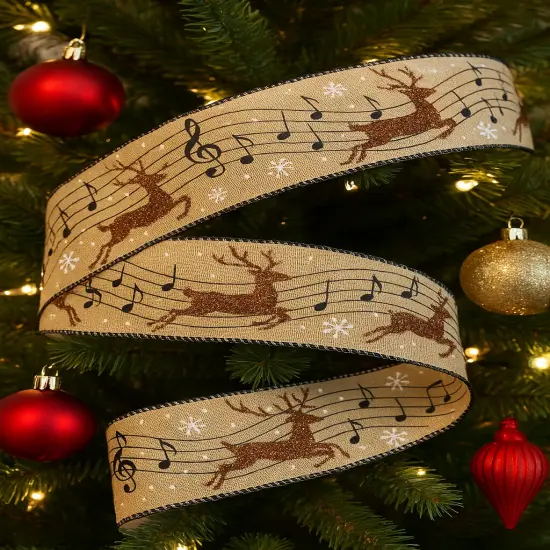 Designer&rsquo;s Shop Christmas Musical Glitter Reindeer wired edge ribbon WR 63-5173 2.5&rdquo; x 10 yards {5}