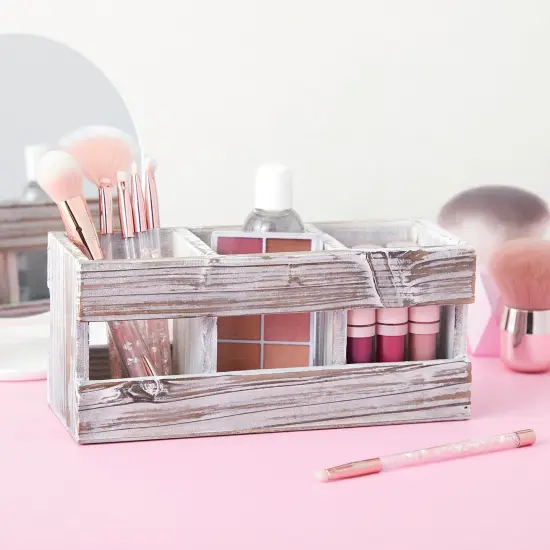 Rustic-Style Desk Pencil Holder with 3 Compartments - Farmhouse Decor and Wooden Organizer for Pen and Office Accessories {4}