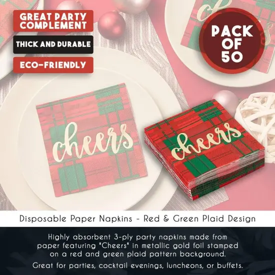 Juvale 50 Pack Christmas Cocktail Napkins – Plaid, Cheers Design Holiday Party Supplies, 5 x 5 Inches Red Napkins {7}