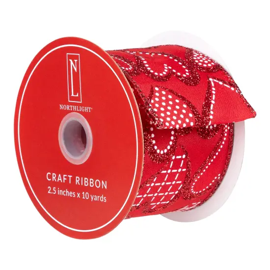 Northlight Hearts Valentine's Day Glittered Wired Craft Ribbon - 2.5" x 10 Yards - Red and White {7}