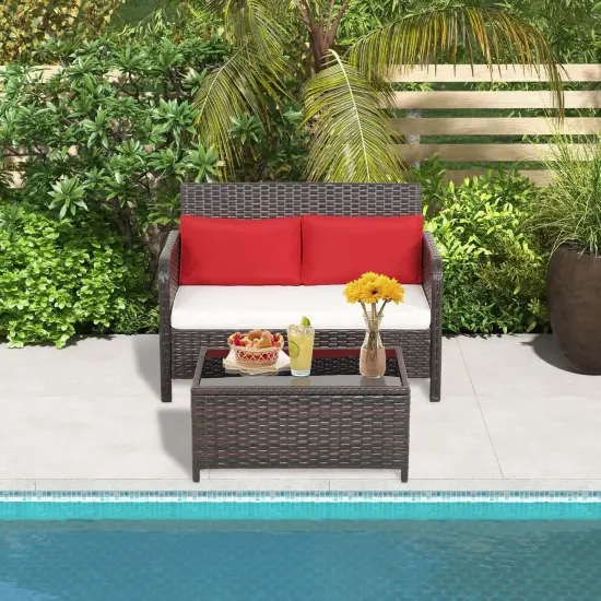 Costway 2 PCS Outdoor Patio Wicker Furniture Set with Tempered Glass Tabletop & Cushions {4}