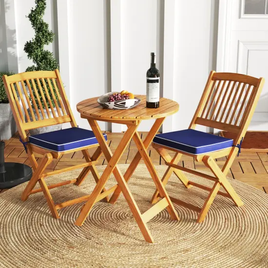 3 Pieces Acacia Wood Patio Folding Bistro Set with Soft Cushions and Slatted Backrest Navy {1}