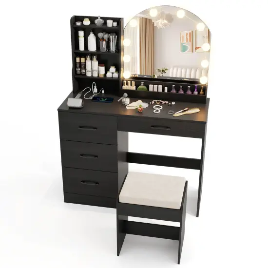 MDF Vanity Table with LED Mirror, Charging Station and Large Storage Black {1}