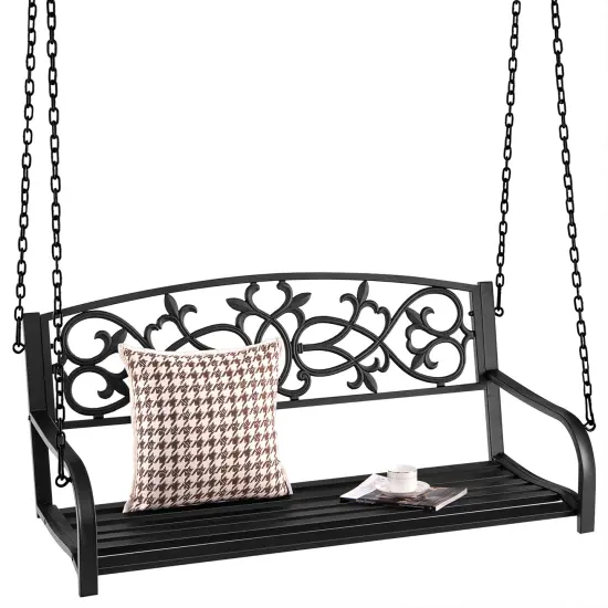 Costway 2-Person Metal Outdoor Porch Swing Hanging Patio Bench 485 Lbs Capacity Black\Brown {9}