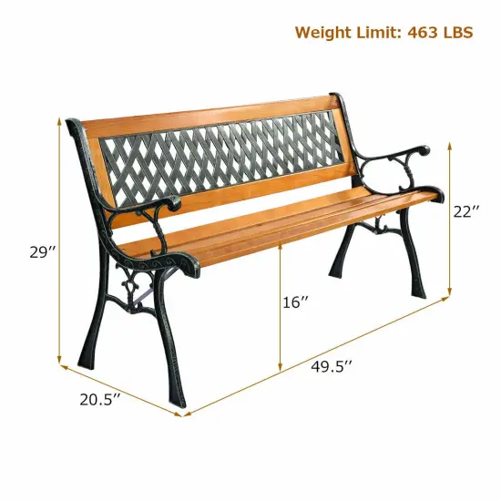 49 1/2'' Patio Park Garden Bench Porch Path Chair Outdoor Deck Cast Iron Hardwood {3}
