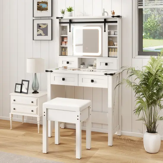 Makeup Vanity Desk with Mirror and Adjustable Storage Shelves-White {2}
