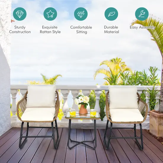 Costway 3PCS Patio Rattan Bistro Set All-Weather Cushioned Chair Table White {4}