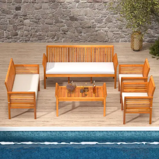 Costway 5 PCS Patio Furniture Set with Acacia Wood Frame & Removable Seat Cushions {4}