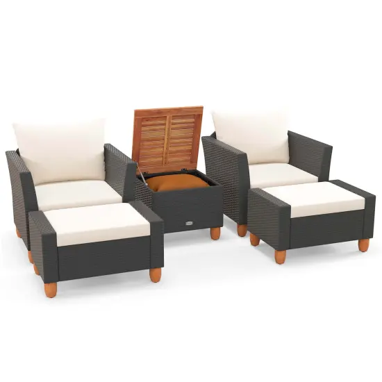 Costway 5 PCS Patio Furniture Set with Storage Table Ottomans Soft Pillows & Cushions {2}