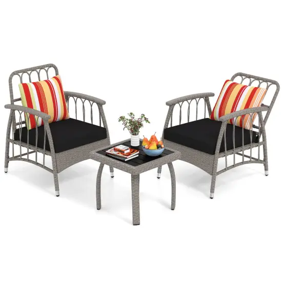 Costway 3 PCS Patio PE Wicker Furniture Set with 5-Level Adjustable Backrest Bistro Set {2}