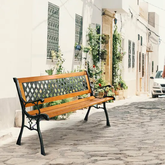 49 1/2'' Patio Park Garden Bench Porch Path Chair Outdoor Deck Cast Iron Hardwood {4}