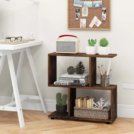 Costway 2-Tier Bookshelf Free Standing Wooden Display S-Shaped Shelf Storage Rack Black/Brown {2}