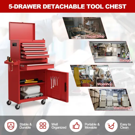2-in-1 Tool Chest Cabinet with 5 Sliding Drawers and 4 Universal Wheels Perfect for Garage or Workshop Red {6}