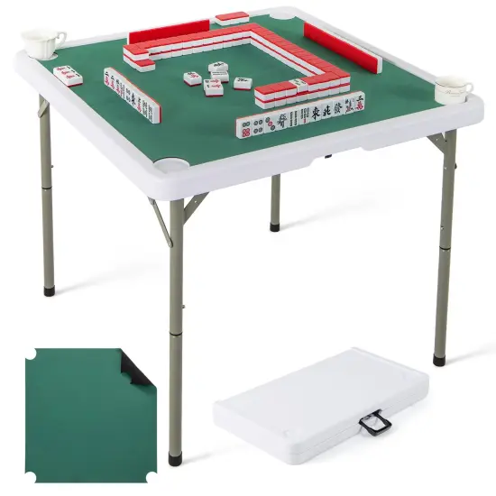 Portable Folding Mahjong Table with Cup Holders and Game Mat Green {4}