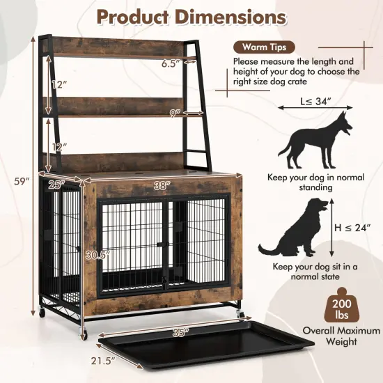 MDF Metal Dog Crate with Storage Shelves and Wheels and Flip-Top Rustic Brown {5}