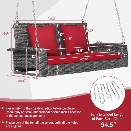 Costway 2-Person Patio PE Wicker Hanging Porch Swing Bench Chair with Cushion {3}