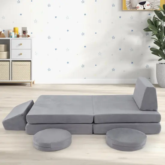 Grey 6 Pieces Modular Kids Play Couch Set with Velvet Covers Perfect Gift for Creative Kids {2}