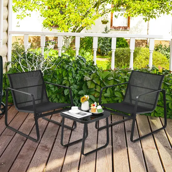 Costway 3PCS Patio Bistro Furniture Set Glass Top Table Garden Deck Black {2}