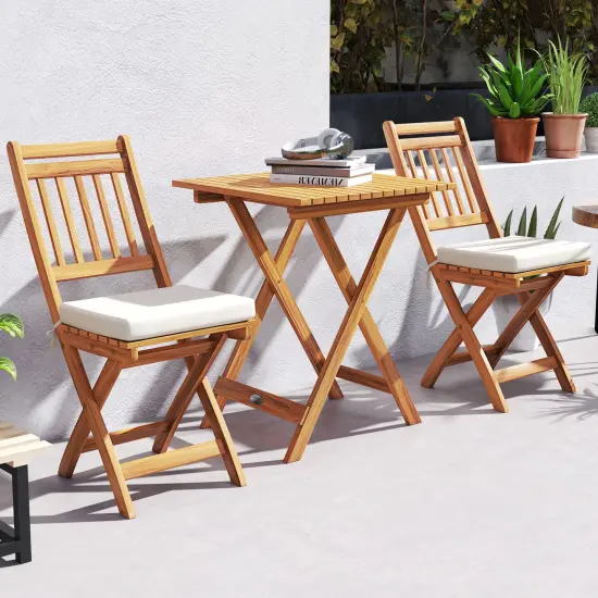 3 Pieces Acacia Wood Patio Bistro Set with Soft Seat Cushions Ideal for Outdoor Use {6}