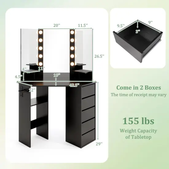 5 Drawers Corner Vanity Desk with LED Mirror and Charging Station Storage Shelves for Bedroom Black {4}