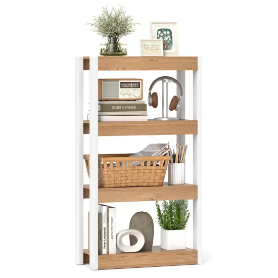 Costway 1/2 PCS 4 Tier Bookshelf Wooden Bookcase with Dual Anti-Tipping Kits Open Shelving Unit Natural/Brown {7}