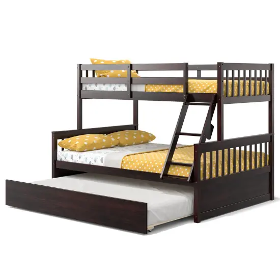 Pine Wood Twin Over Full Bunk Bed with Trundle, Guardrails and Ladder Espresso {4}