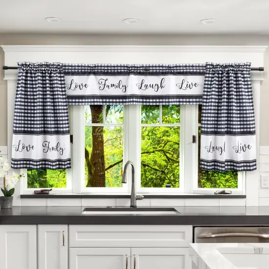 3 Piece Kitchen Curtains and Valances Set for Windows, Love Family, Laugh, Live (Black and White) {2}